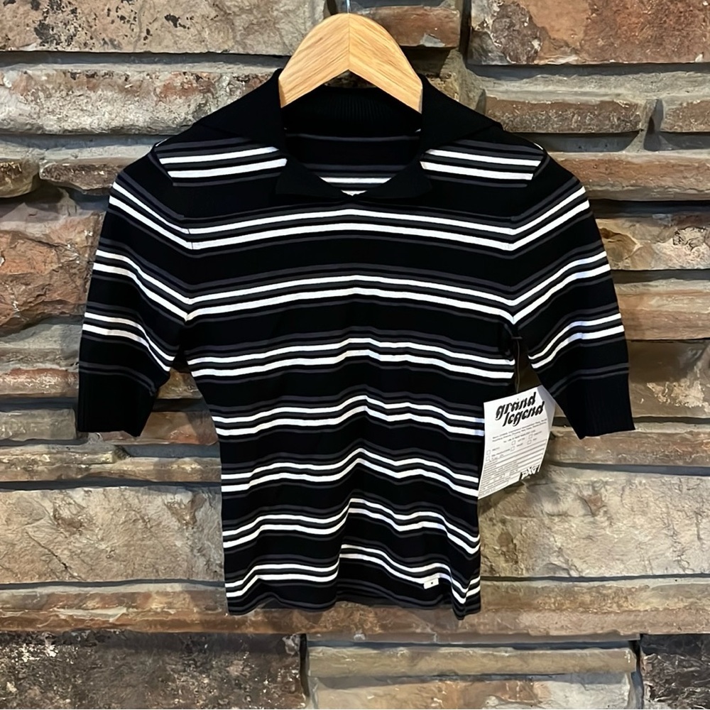 PXG Knit Black and White Striped Lapel Polo Golf Shirt